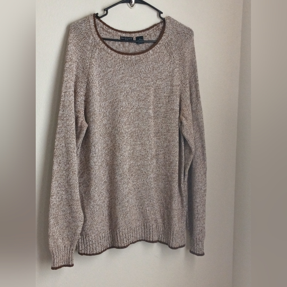 Bay Studio Sweater Women 1X Tan, White & Brown Crew Neck Academia Versatile Y2K